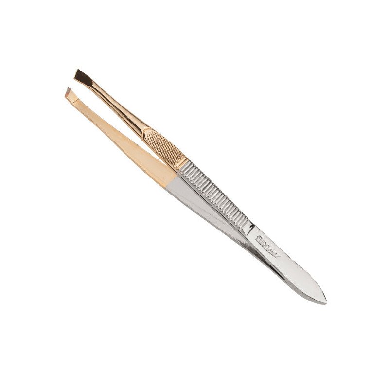 PINZA DEPILAR 9 CM.PUNTA DORADA OBLICUA